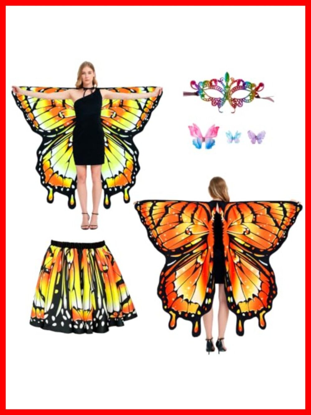 Adult Butterfly Wings Costume Set Double-Sided Fairy Wings with Skirt Mask Clip